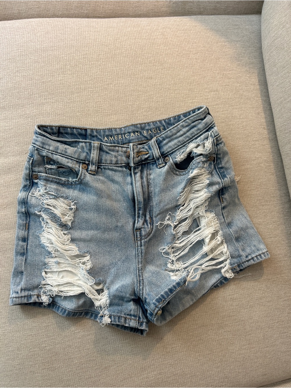 American Eagle Outfitters Light Blue Ripped High-Waist Denim Shorts